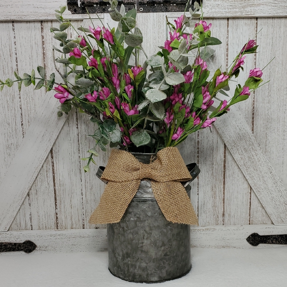 Pink Floral Arrangement in Galvanized Metal Milk Can with Burlap Bow Country